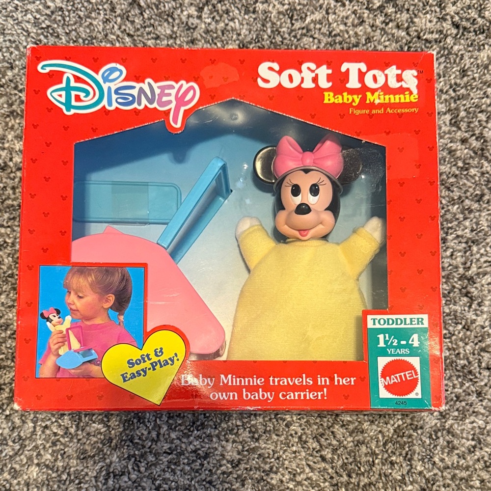 Disney Vintage Soft Tots Baby Minnie Doll - Yellow and Pink Carrier In Box